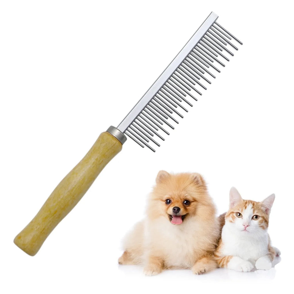 Wooden handle pet grooming comb for dogs and cats on a neutral background.