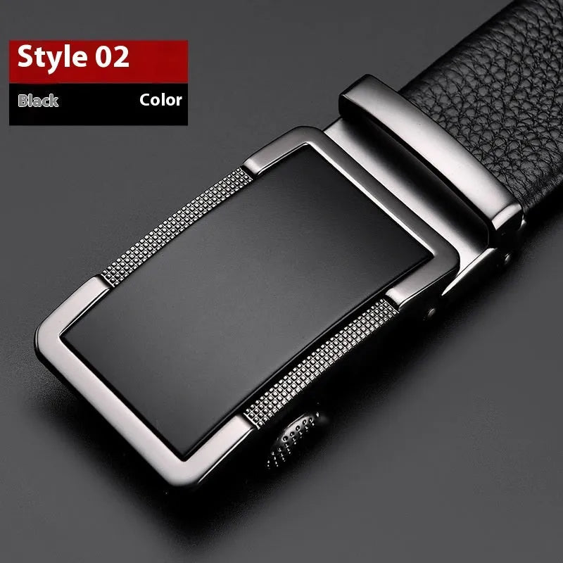 Men's leather comfort click belt with an alloy buckle in gun black, silver, or gold finish.