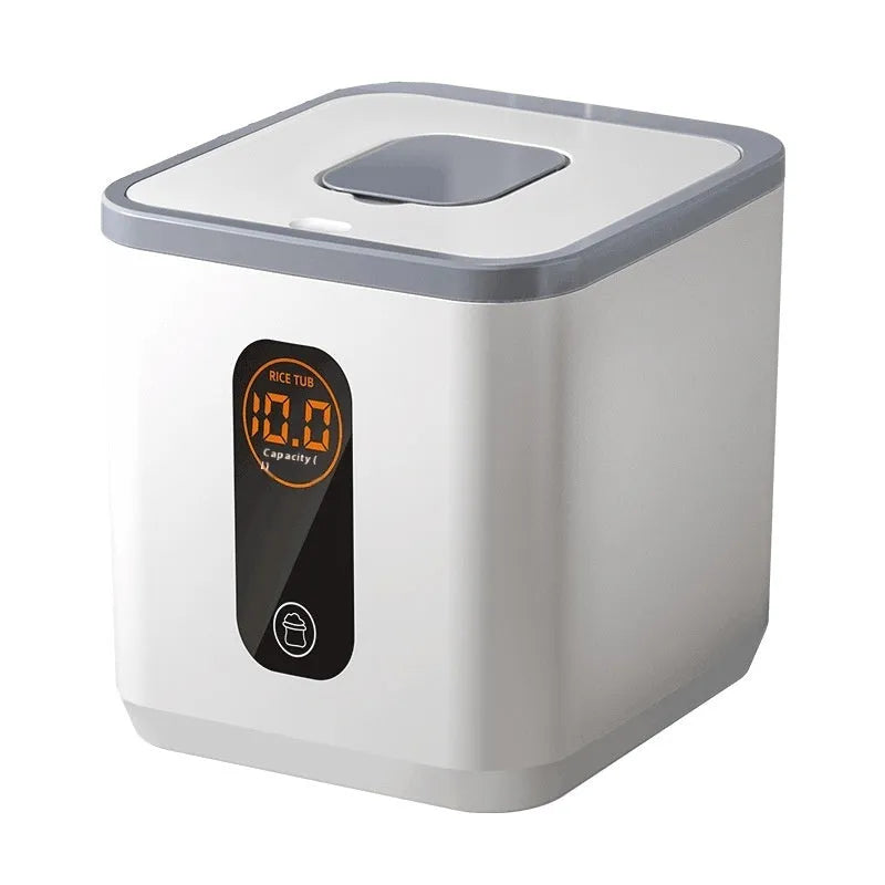 Grey plastic insect-proof rice storage jar with airtight lid and measuring cup, shown in 10kg, 20kg, and 30kg sizes.
