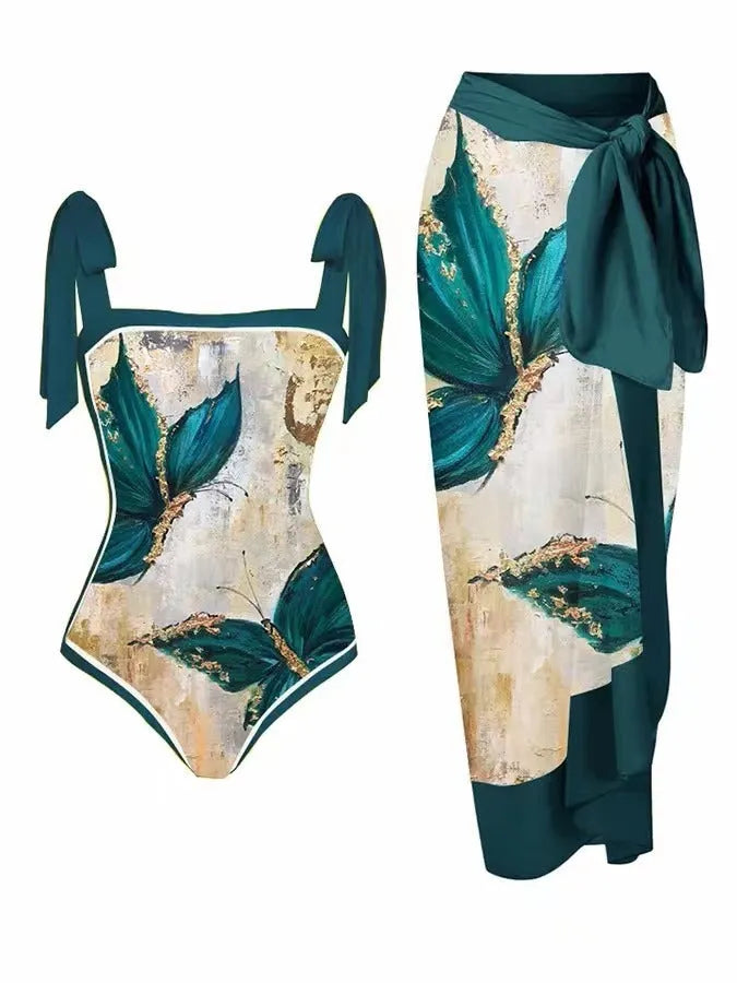 Women's printed chiffon two-piece swimsuit set with a separate hip skirt.