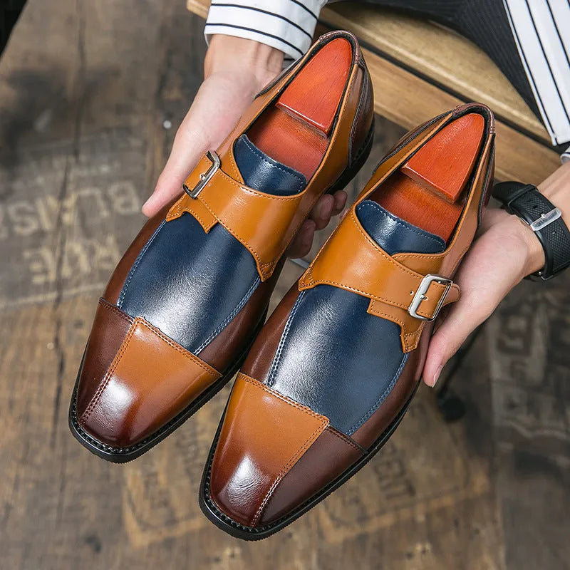 Men's brown-blue British retro-style casual shoes with buckle fastening and tall crown upper