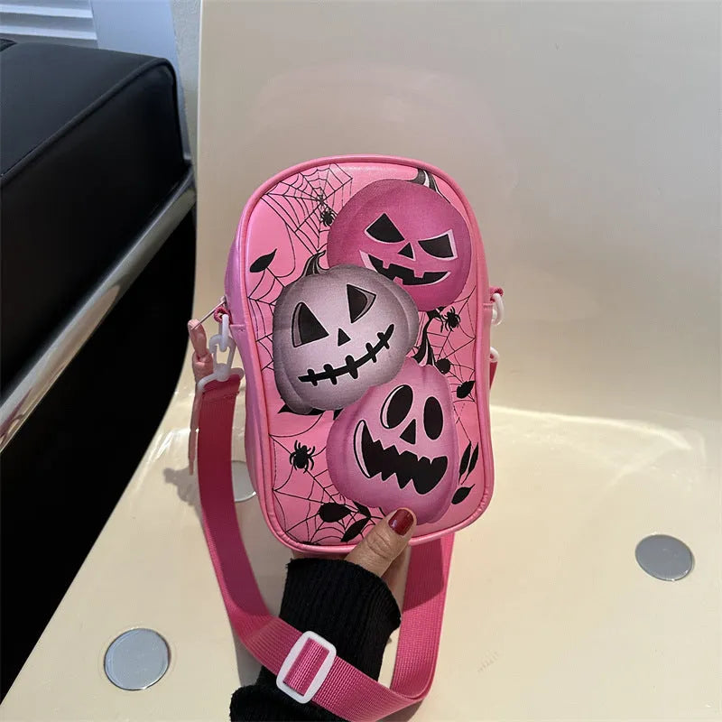 Halloween graffiti print mini crossbody bag with pumpkin ghost bat design in PU material