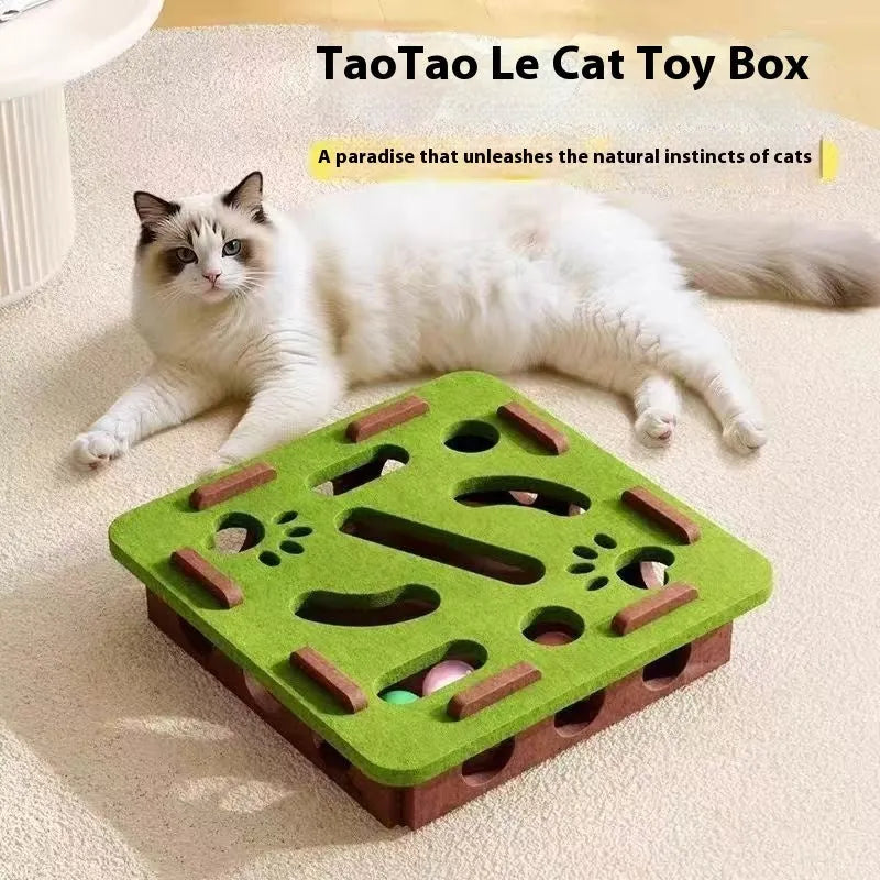 Square felt cat toy with artifact holes in green brown colour measuring 30cm