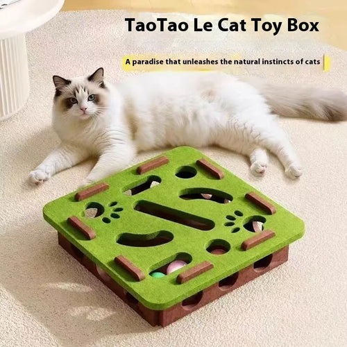 Square felt cat toy with artifact holes in green brown colour measuring 30cm
