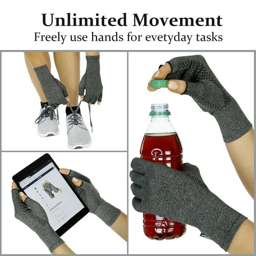 Grey half-finger joint compression gloves made from polyester and spandex fabric, shown on a hand.