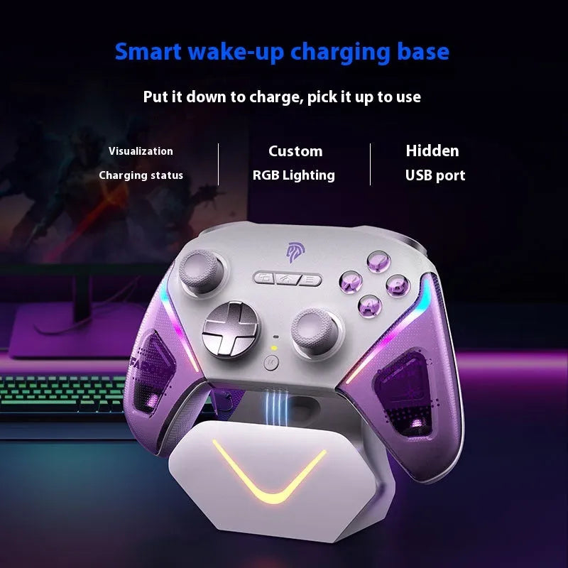 Rocker Smart gaming controller on charging base in black, green, or purple colour with Type-C port