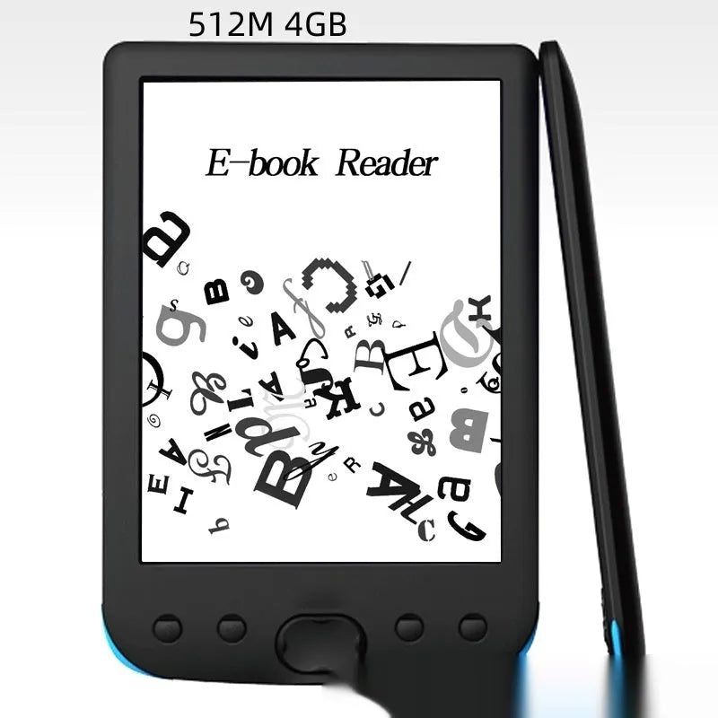Black 6-inch E-ink e-book reader showing its paper-like screen and compact design.