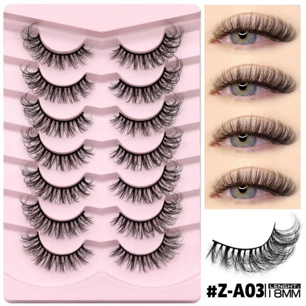 Natural false eyelashes in box with adhesive glue, artificial fibre construction in thick natural long style
