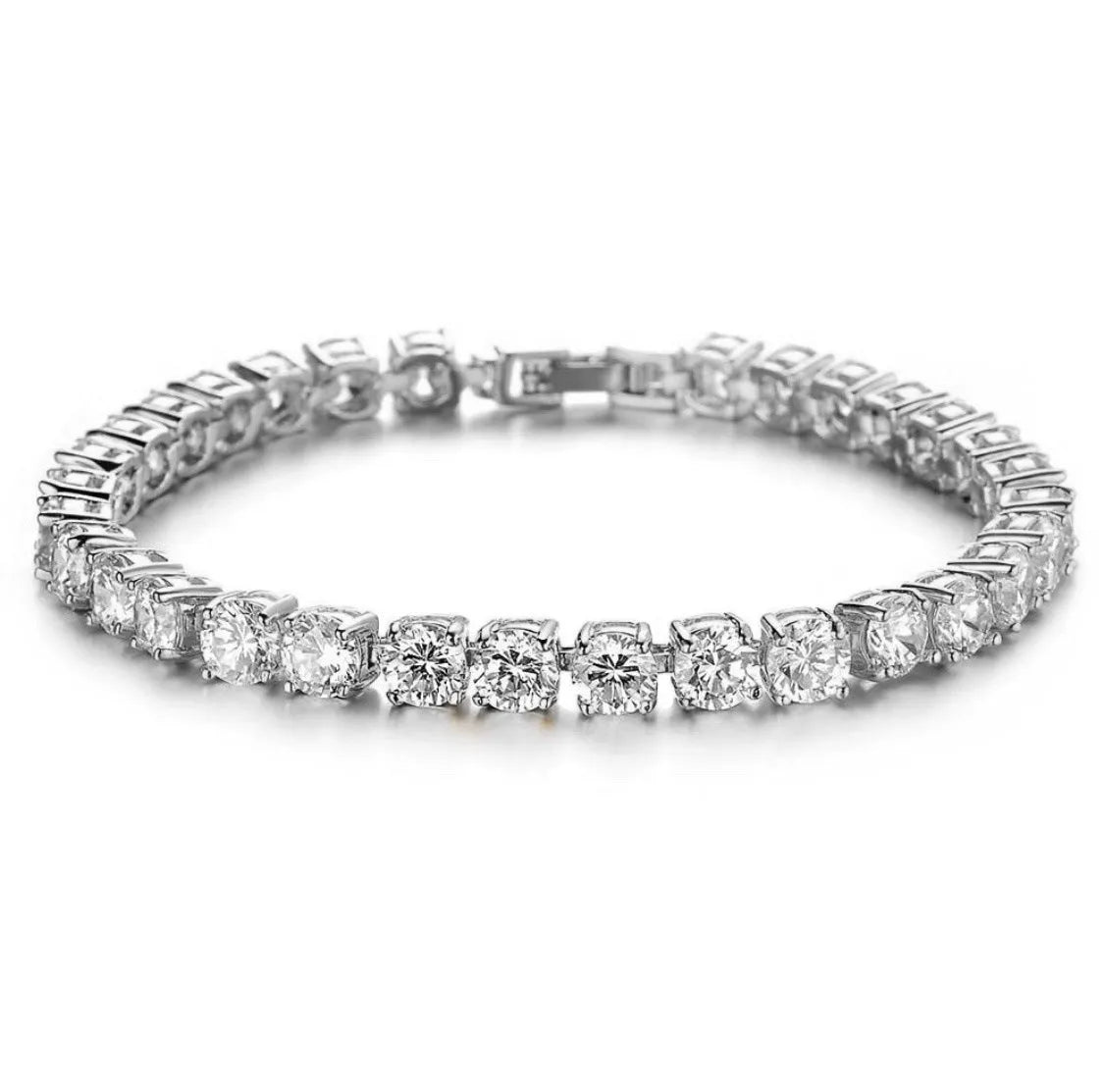 Men's silver hip hop bracelet with rhinestone chain and zirconia tennis charm on geometric alloy band