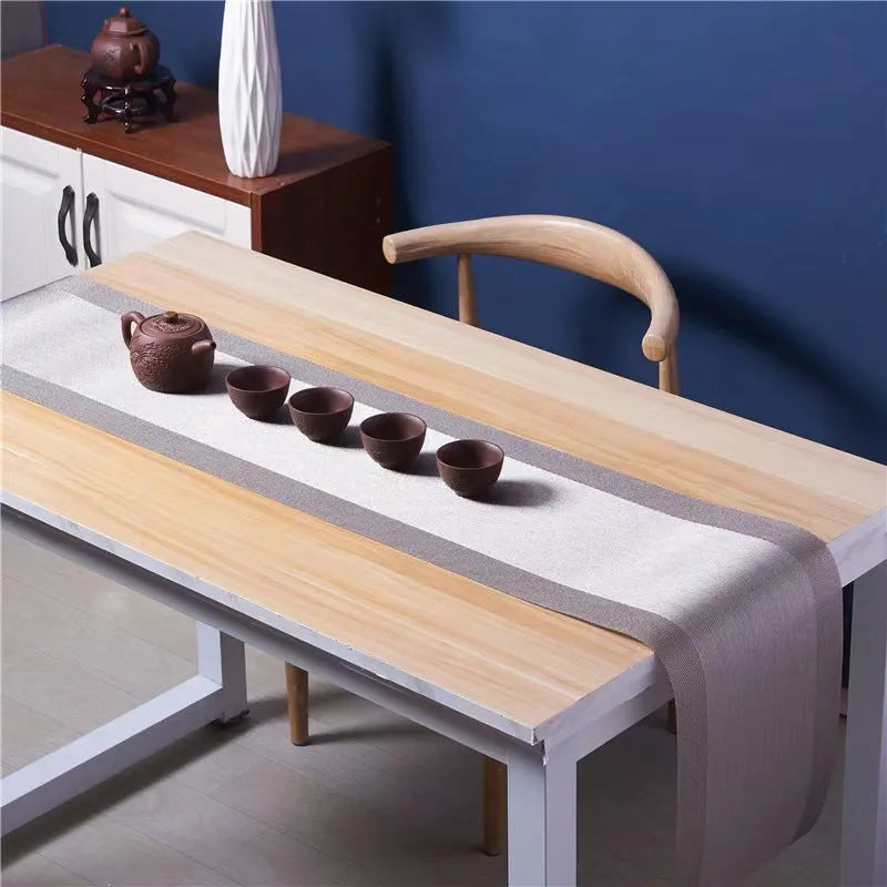 PVC non-slip dish mat in gradient bamboo design protecting kitchen worktop with dishes