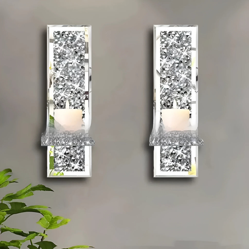 Pair of silver mirror glass candle holders with wall hanging design for modern living rooms
