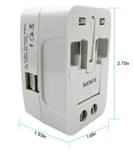 Universal travel adapter plug showing multi-country socket compatibility for mobile charging