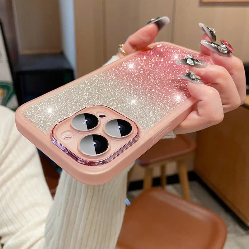 Transparent glitter silver iPhone case with magnetic ring on a smartphone.