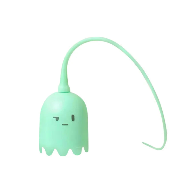 Green electronic cat wand toy with swinging silicone tails for indoor cat play