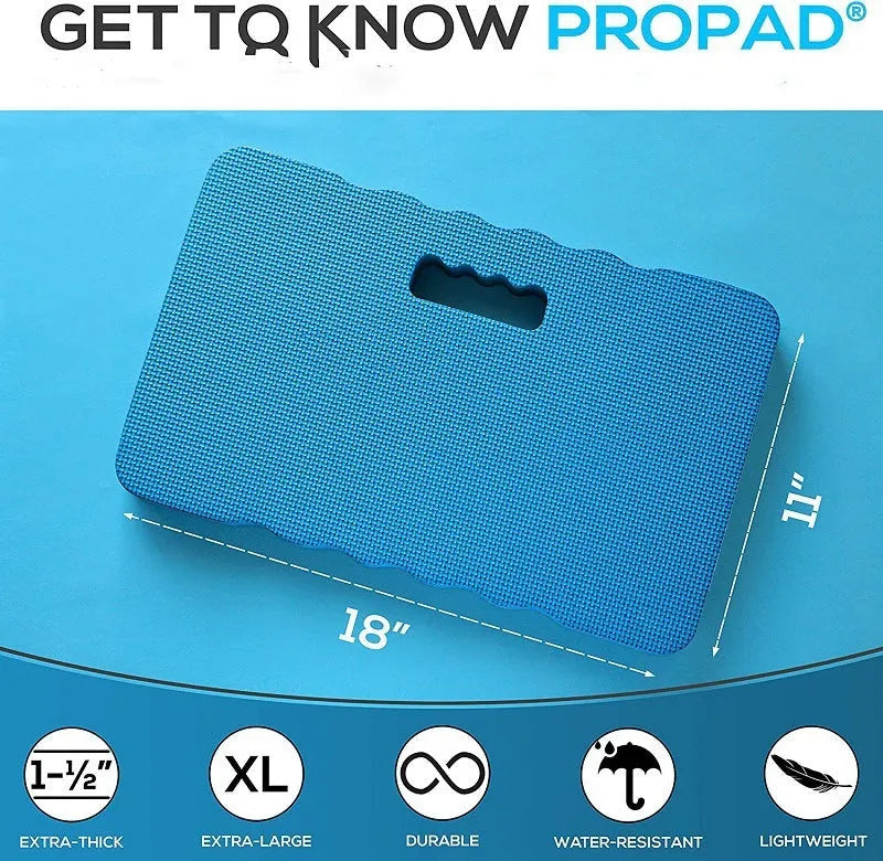 Blue plastic EVA foam garden kneeler pad on grass, showing size and thickness.