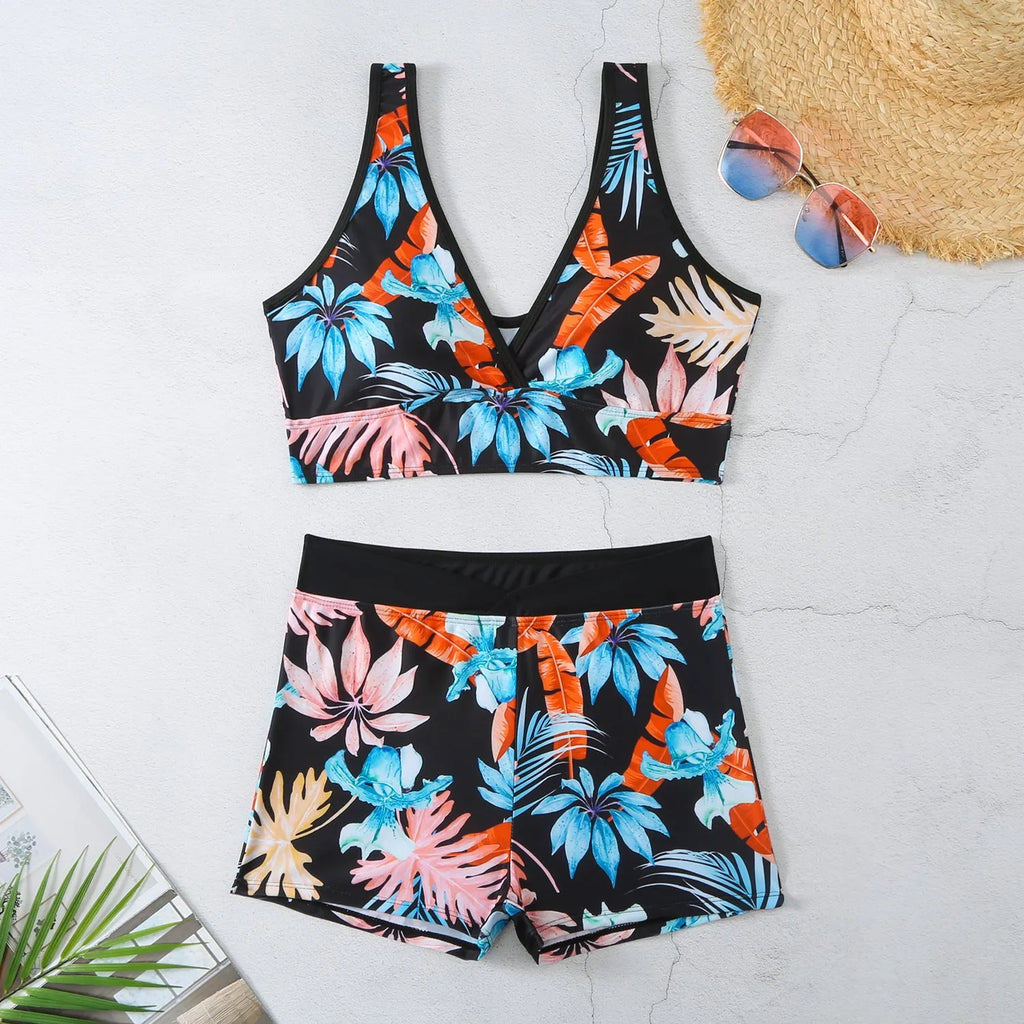 Women's two-piece swimsuit set with printed boxer shorts and a sleeveless bikini top in multiple colours.