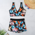 Women's two-piece swimsuit set with printed boxer shorts and a sleeveless bikini top in multiple colours.