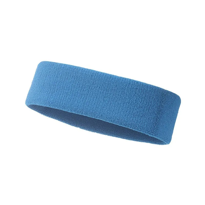 Widening elastic sports sweat headband in solid colour made from polyester spandex.