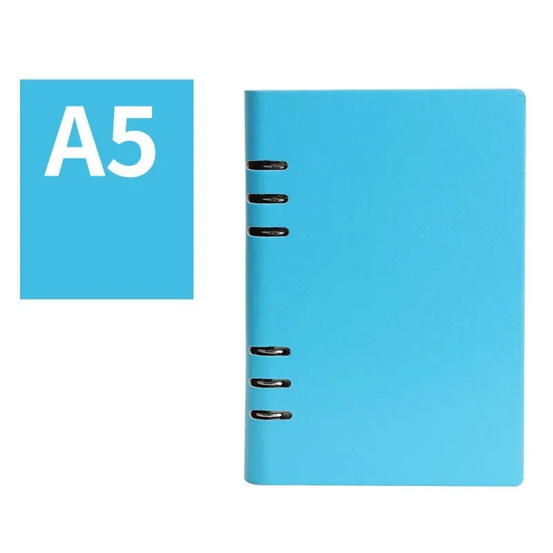 Loose-leaf business notebook with imitation leather cover in five colour options, shown in A5, A6, and B5 sizes.
