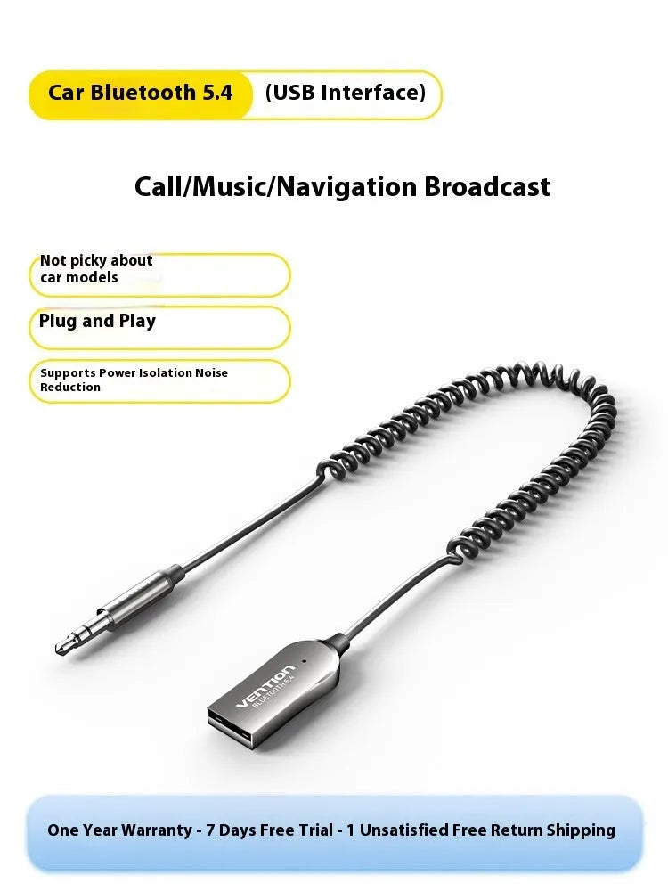 USB car Bluetooth audio receiver with zinc alloy plug and copper 3.5mm jack on a lightweight PU-sleeved cable.