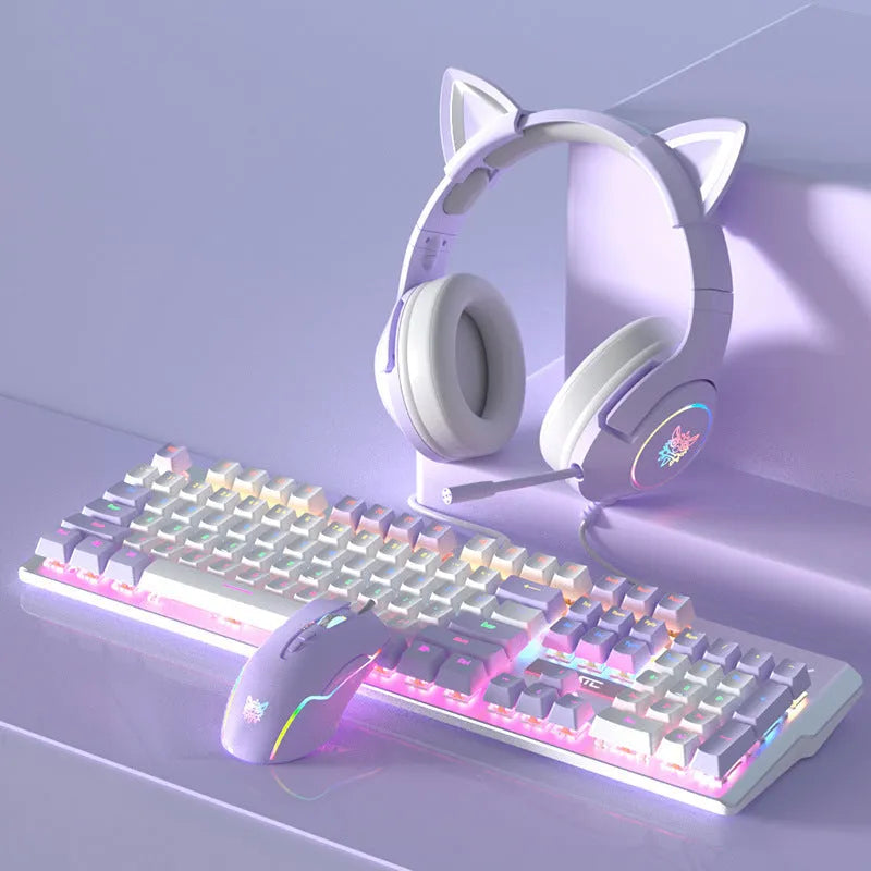 Purple and white mechanical keyboard and mouse set with backlight illumination