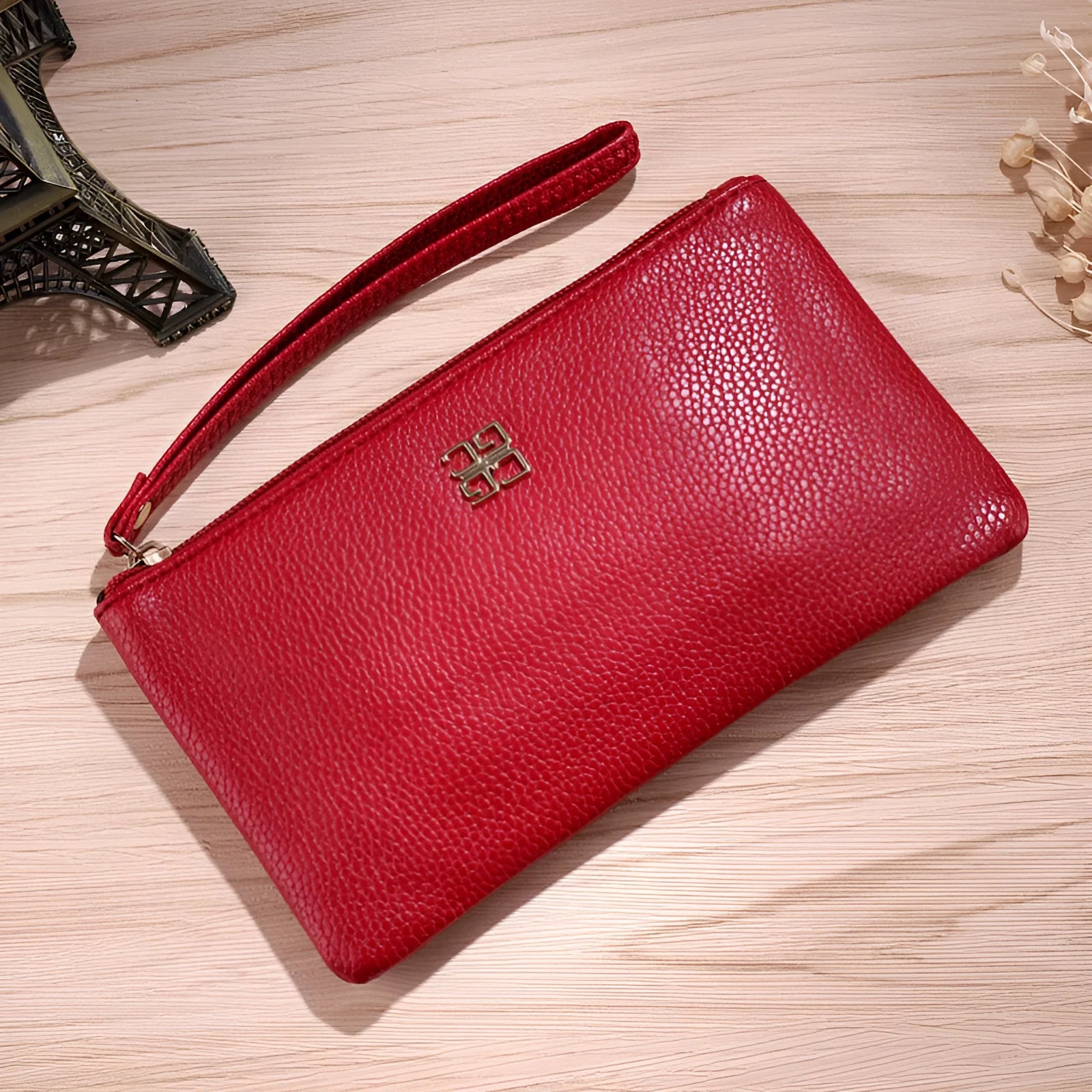 Long black PU leather phone wallet handbag with a zipper and sewing line detailing