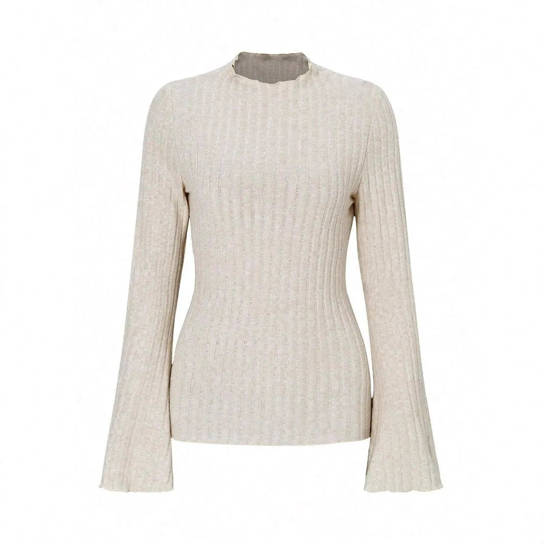 Black long sleeve round neck top with lantern sleeves and slim fit silhouette