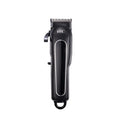 Professional rechargeable hair clipper in black, red, or white with four attachment combs and cleaning accessories.