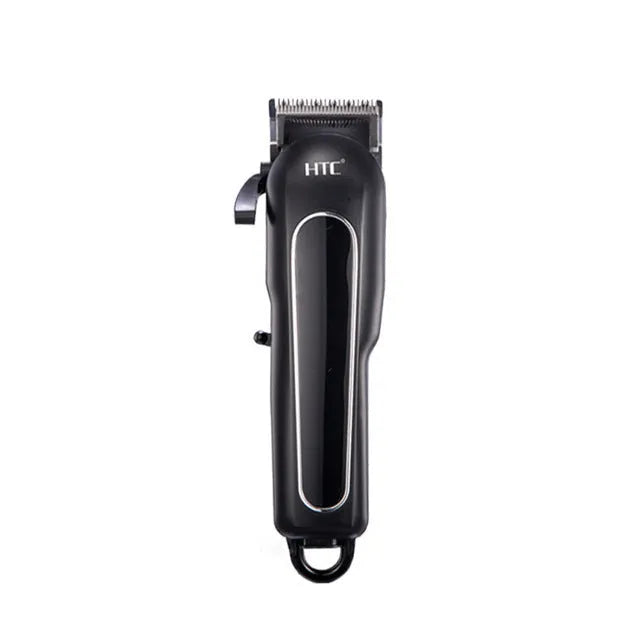 Professional rechargeable hair clipper in black, red, or white with four attachment combs and cleaning accessories.