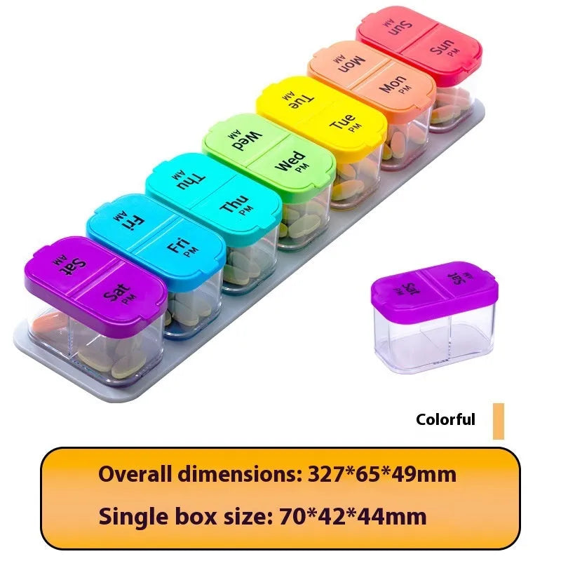 Amazon pill box dispenser showing 14 detachable compartments in rainbow colour with dimensions 327x65x49mm