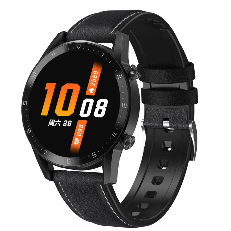 Men's black sports smart watch with 1.3-inch screen and genuine leather strap showing step counting display