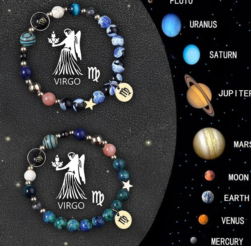 Natural stone zodiac bracelet set showing twelve astrology sign designs with mineral bead construction
