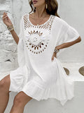 Women's crochet tassel patchwork swimsuit dress in slubbed fabric, shown in apricot colour