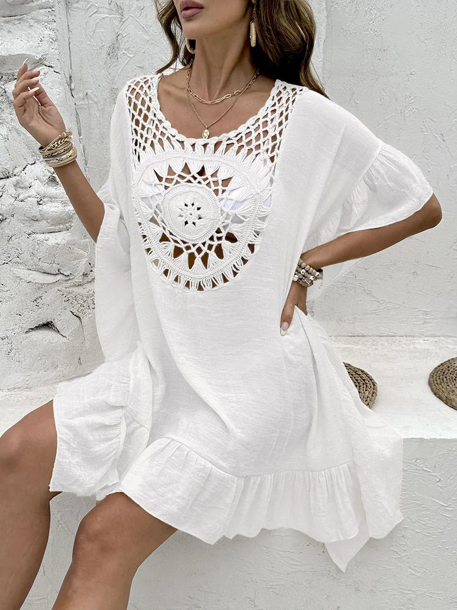 Women's crochet tassel patchwork swimsuit dress in slubbed fabric, shown in apricot colour