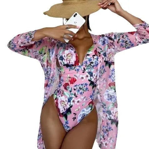 Women's floral tight bikini three-piece swimsuit set with matching cover-up in various colours