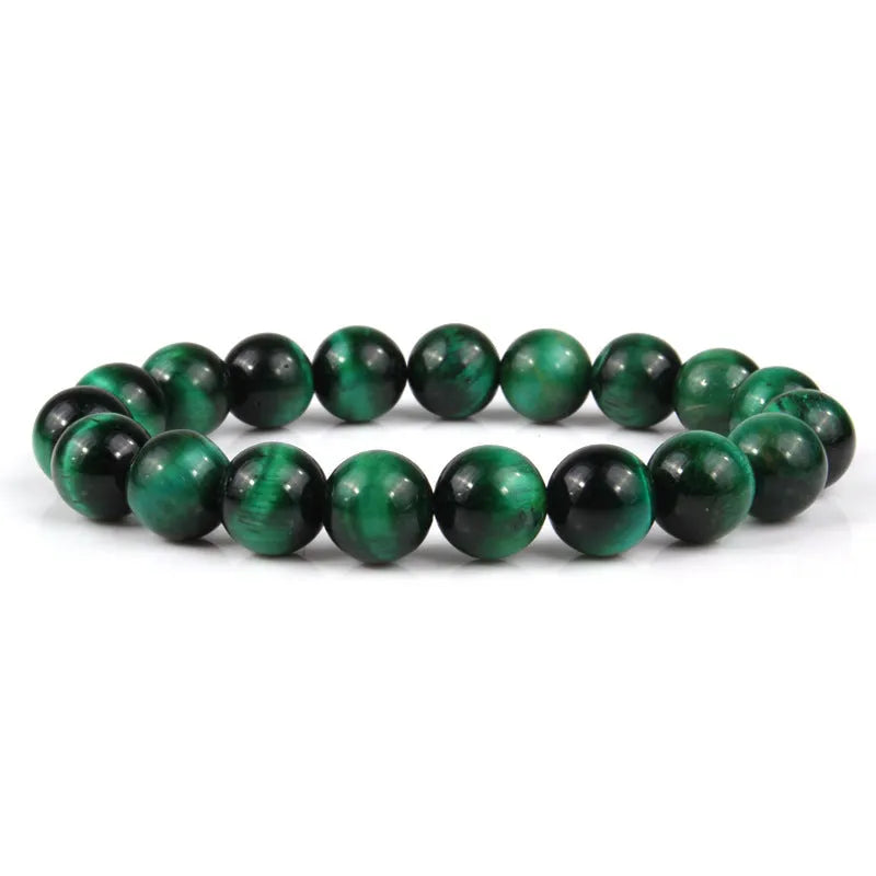 Natural tigereye crystal bracelet with geometric round beads showing colour and size options.