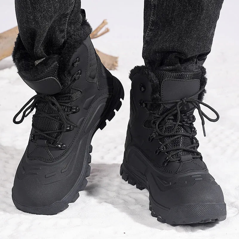 Men's black high-top boots with fleece lining and lace-up front on a ribbed sole.