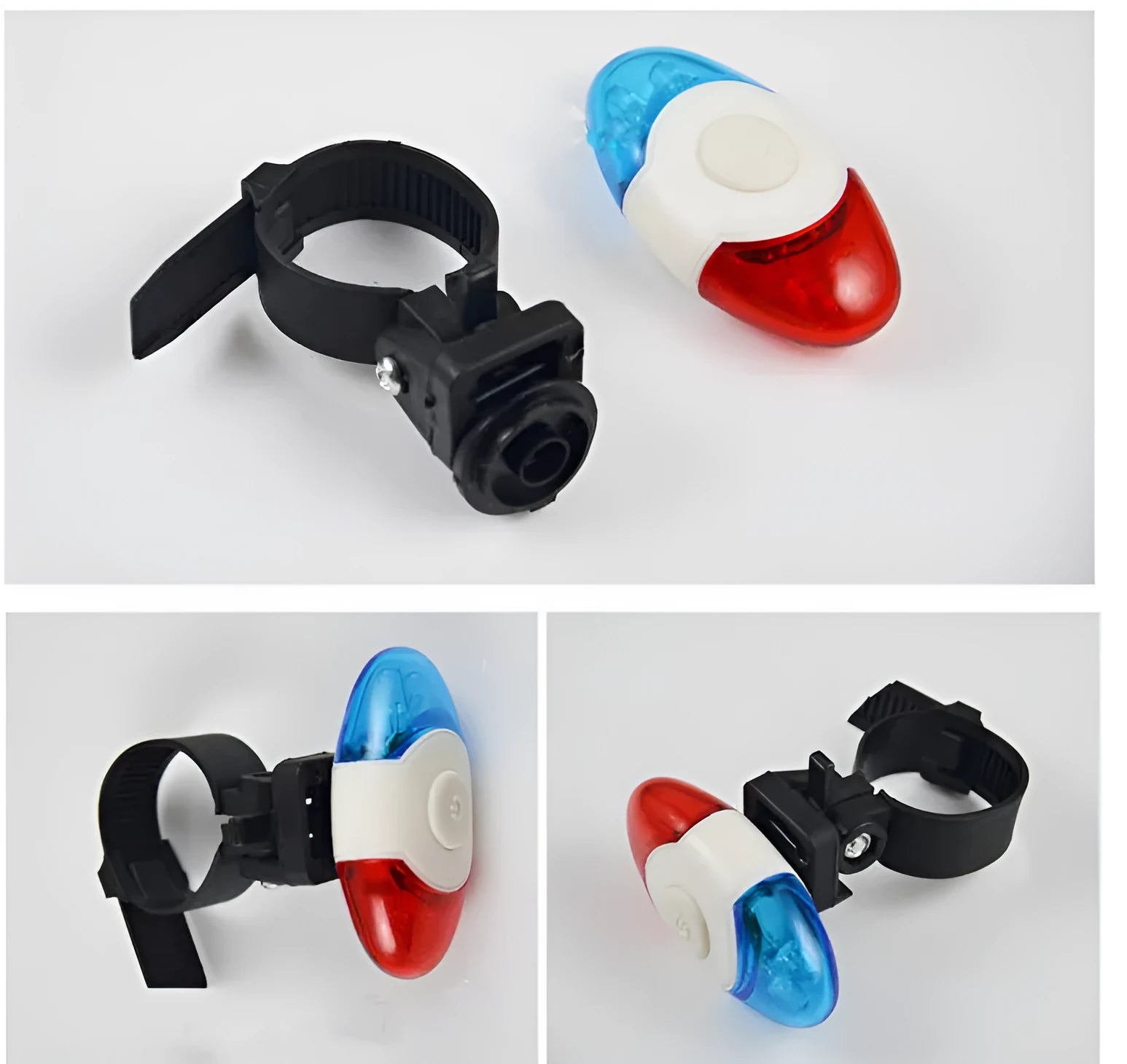 Red and blue LED bicycle tail light with adjustable mounting base shown in horizontal position.