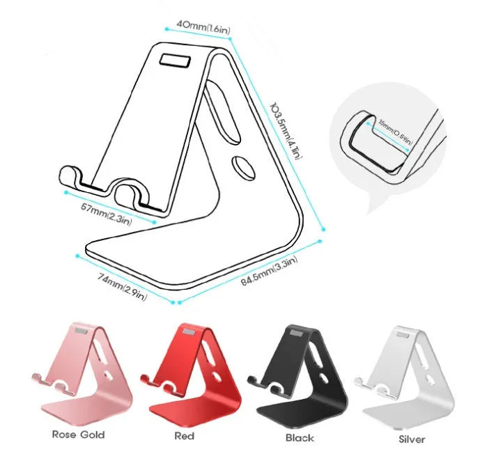 Aluminium phone stand in choice of black, red, rose gold, or silver, holding a smartphone.