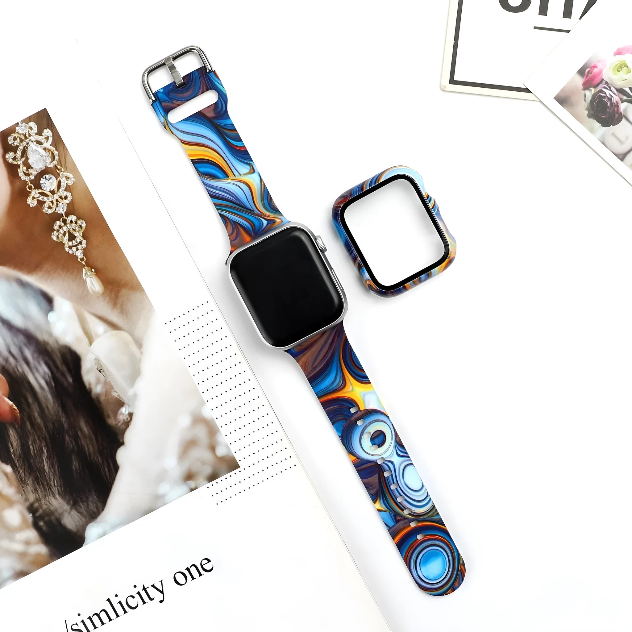 Printed silicone replacement strap for Apple Watch showing design options and 38mm 40mm 42mm 44mm size compatibility.