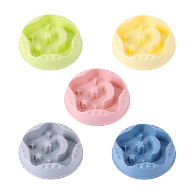 Blue star and wings design large plastic slow feeder dog bowl with maze pattern.