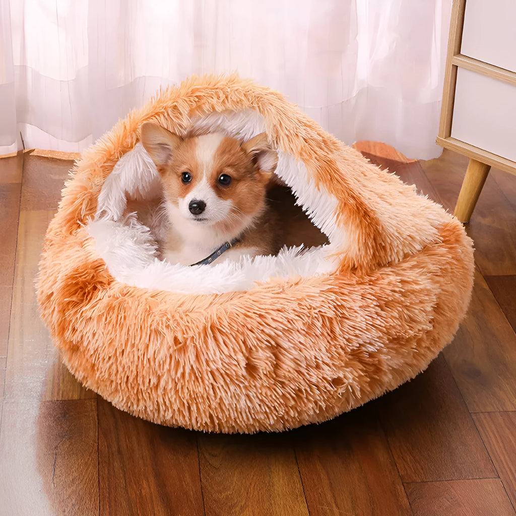 Semi-surrounded waterproof cloth dog kennel in a gradient colour, shown in a garden setting.
