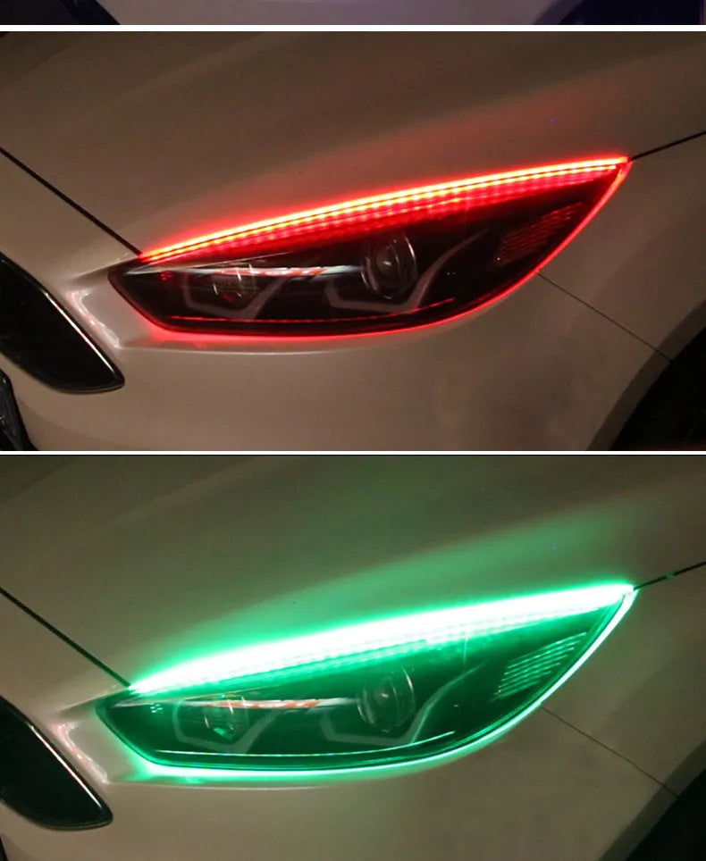Universal car LED daytime running light strip with remote control for RGB colours, shown in 30cm, 45cm, and 60cm lengths.