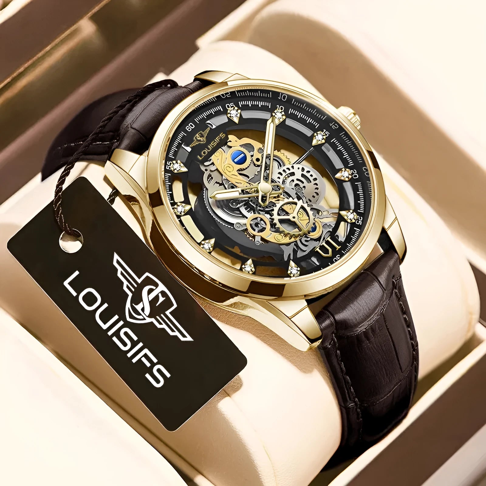 Men's Swiss quartz watch with gold or silver shell and brown or black strap.