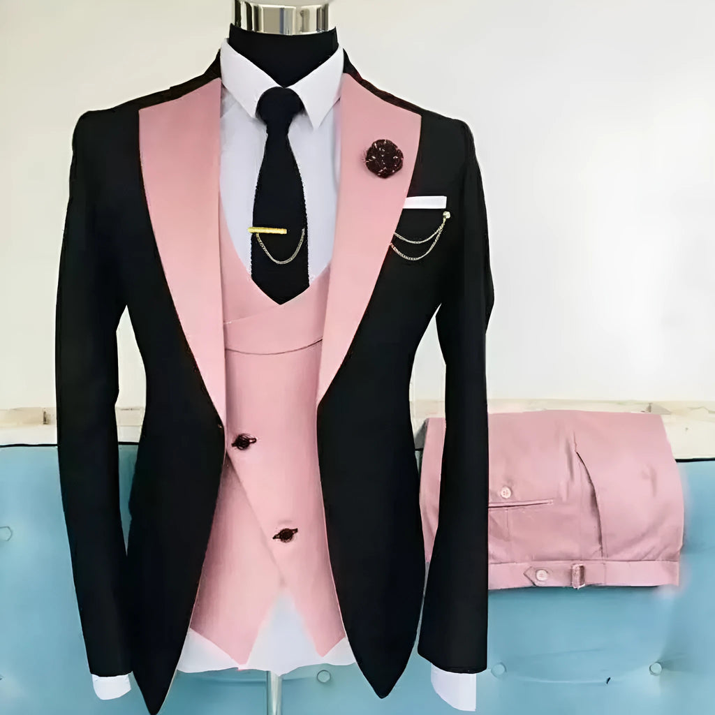 Men's slim fit cotton three-piece suit in a light business style, shown with coat, vest, and trousers.