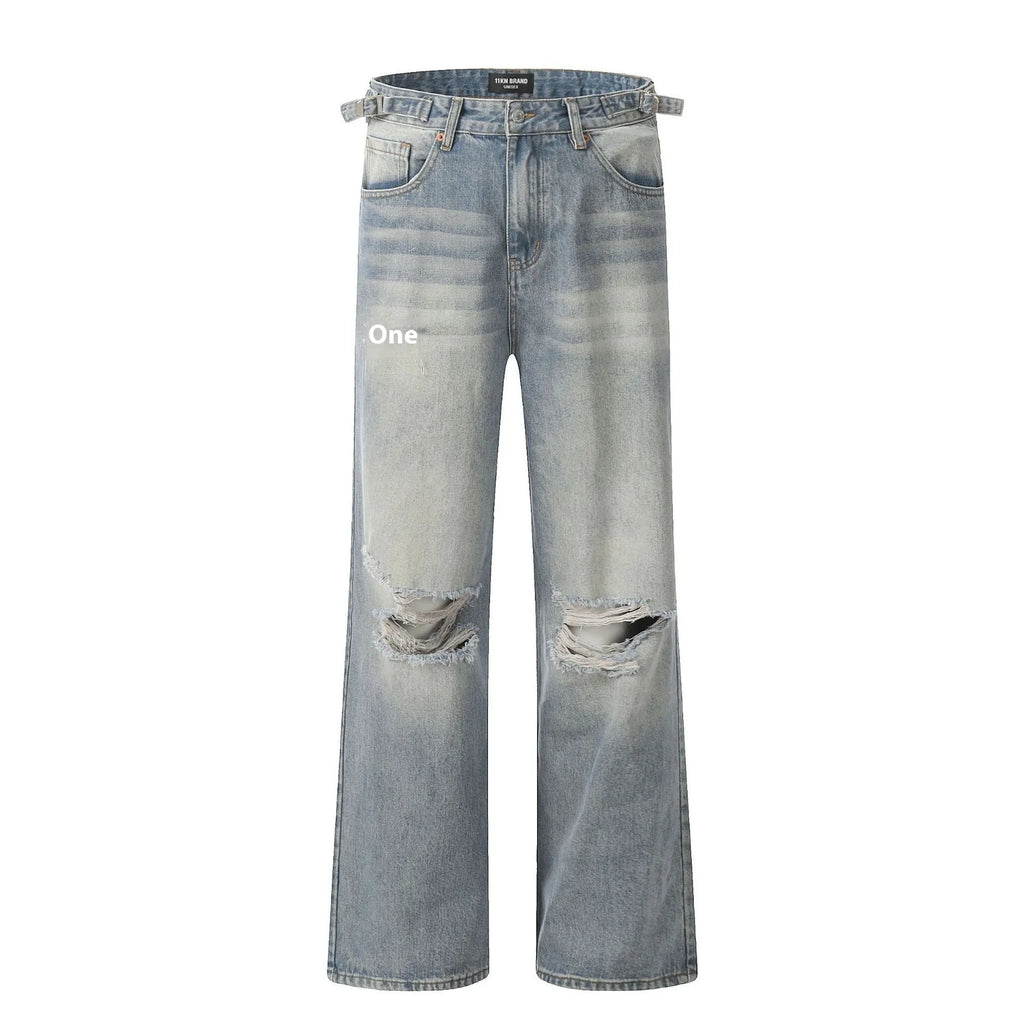 Blue men's straight-leg jeans with ripped detailing and an adjustable waistband.