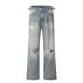 Blue men's straight-leg jeans with ripped detailing and an adjustable waistband.