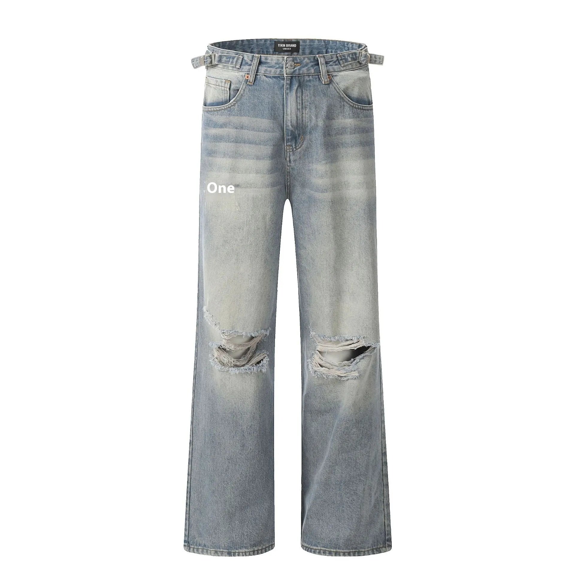 Blue men's straight-leg jeans with ripped detailing and an adjustable waistband.