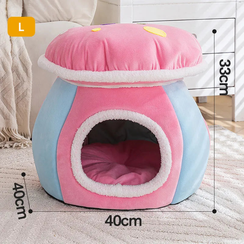 Grey plush mushroom-shaped cat nest with a detachable blanket, shown alongside pink and purple colour options.