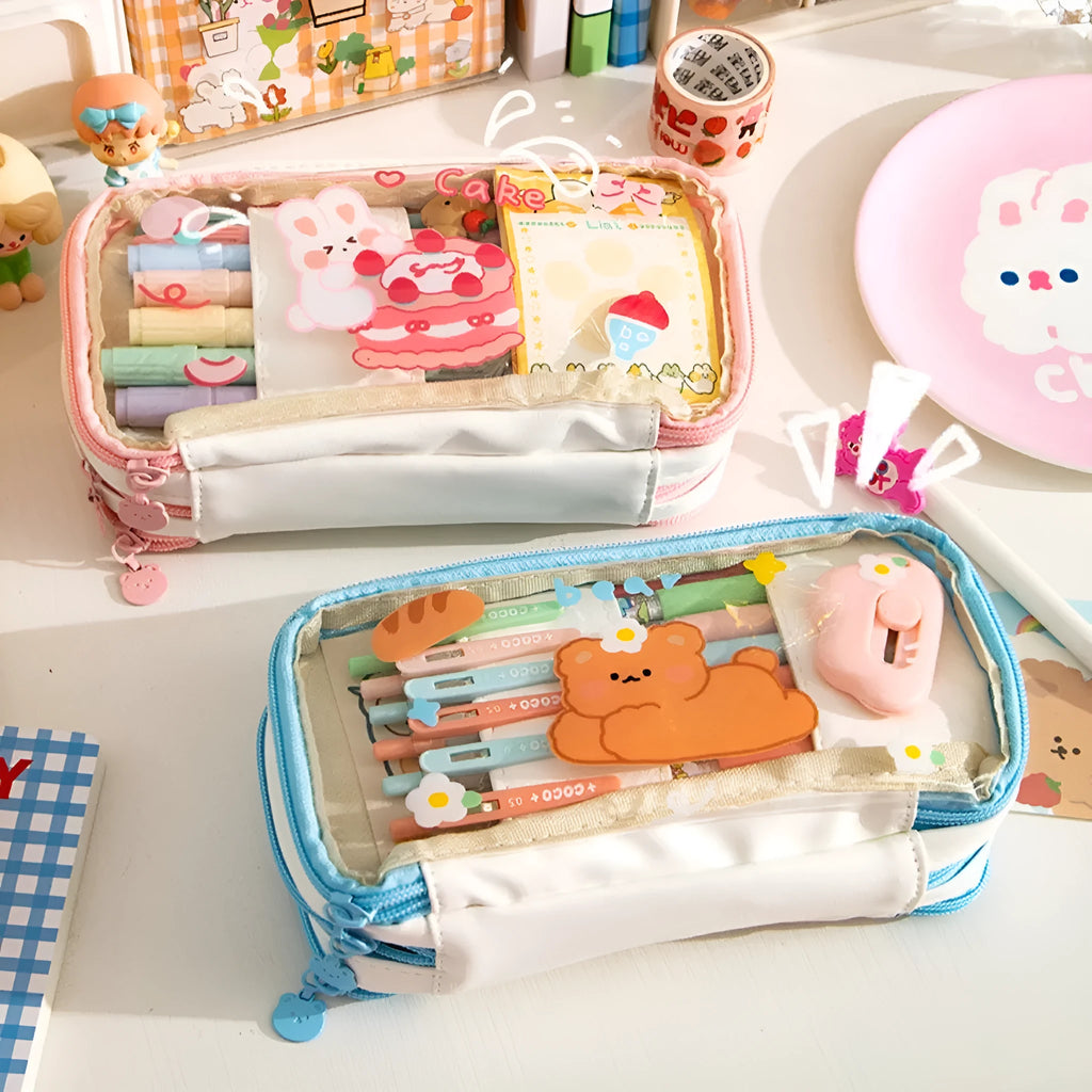 Transparent Japanese girl heart pen bag with rabbit pattern design in TPU material